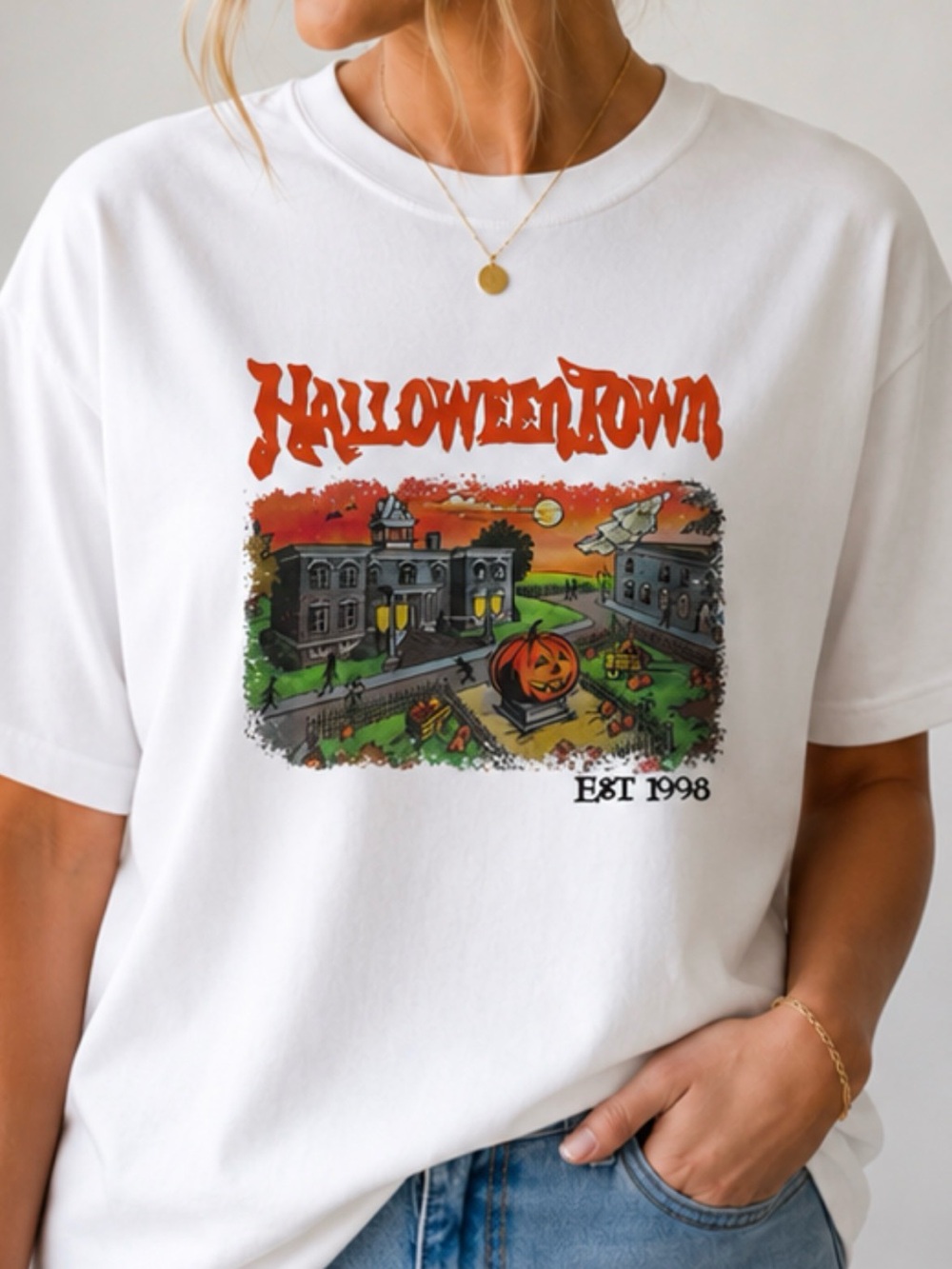 Gildan White Halloween Town Graphic Tee with Orange & Green Artwork